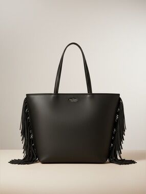 Kate Spade Black Leather Fringe Tote NWT Large Western Boho Bag